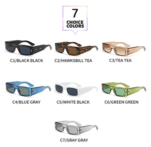 Grid view of seven vintage rectangular sunglasses in various color combinations