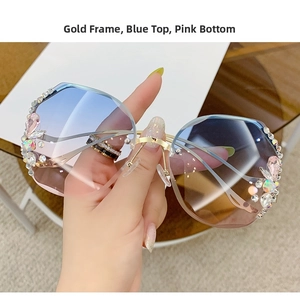 Detailed view of metal rimless sunglasses with gradient blue-pink lenses and rhinestones