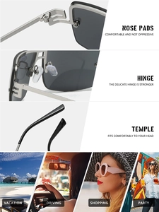 Detail view of oval rimless sunglasses showing metal hinges, nose pads, and lifestyle scenes