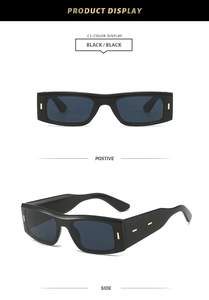 Front and side display of black rectangular sunglasses with gold metallic accents