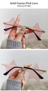 Detail view of pink star-shaped rimless sunglasses with gold metal temples and nose pads