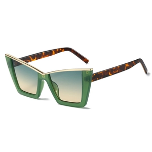 Green cat eye sunglasses with gradient lenses, gold metal top, and tortoiseshell temples