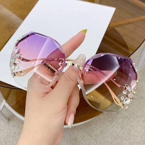 Women Oversized Rimless Sunglasses Metal Frame Rhinestone Flower Luxury Gradient Lens UV400 Fashion Party