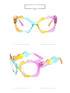 Front and side views of rainbow cat-eye sunglasses with wavy frames for parties
