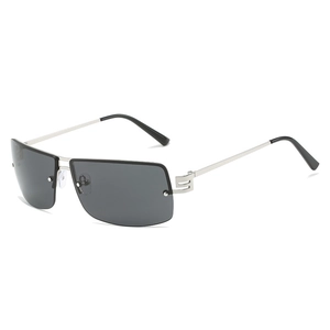 Modern rimless oval sunglasses with grey lenses and silver metal double bridge frames