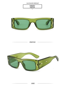 Detailed view of translucent green rectangular sunglasses with gold temple accents