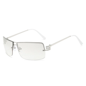 Modern rimless oval sunglasses with silver metal frame and retro Y2K design