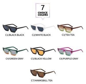 Selection of seven colorful geometric frame sunglasses in various modern color combinations