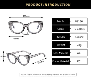 Spécifications de taille détaillées pour lunettes œil de chat grises anti-lumière bleue