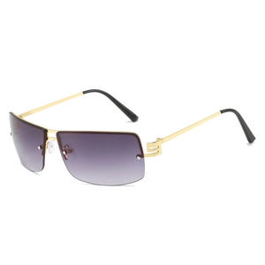 Modern rimless oval sunglasses with gold metal frame and purple gradient lenses