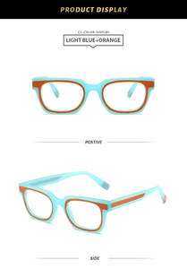 Vue détaillée de la monture de lunettes carrée bleu clair et orange de face et de profil
