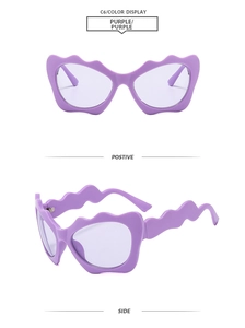 Detailed views of purple wavy frame sunglasses showing front and side perspectives