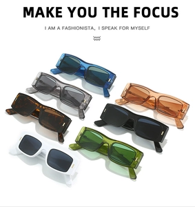 Matrix layout of retro square sunglasses in seven vibrant colors on a white background