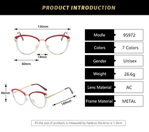 Size chart showing 136mm width and 149mm temple length for metal cat-eye glasses