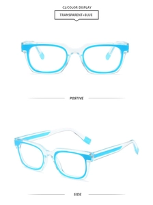 Vues de face et de côté de la monture de lunettes carrée transparente et bleue anti-lumière