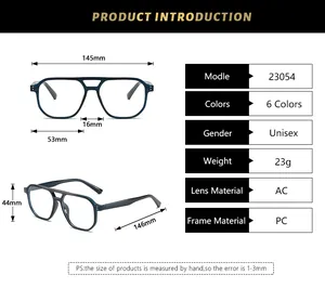 Detailed size chart for double bridge anti-blue light glasses with precise measurements