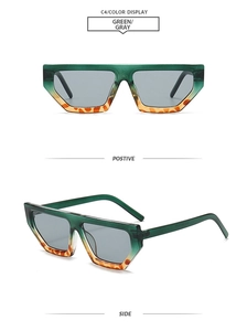 Front and side views of geometric diamond sunglasses with green and amber frames