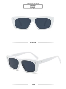 Detailed views of white vintage rectangular sunglasses with silver rivets and dark lenses