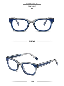 Détail de la monture de lunettes carrée rétro grise et bleue avec filtre anti-lumière bleue