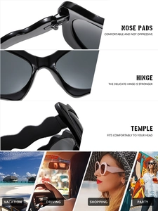 Detail view of wavy temples, reinforced hinges, and integrated nose pads on black sunglasses