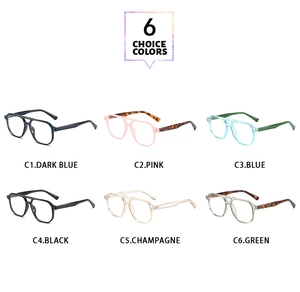 Detailed grid showing six stylish double-bridge eyeglass frames in diverse color combinations