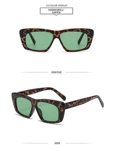 Detailed views of tortoiseshell rectangle sunglasses with green lenses and rivet accents
