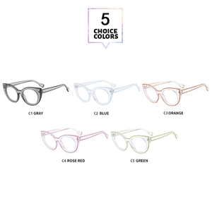 Vue détaillée de cinq montures de lunettes œil de chat en acétate transparent coloré