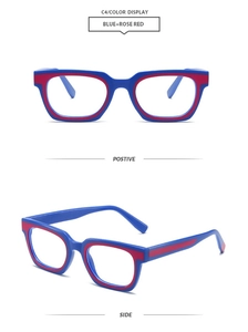 Vues avant et latérale de montures de lunettes carrées en bleu et rouge rose
