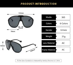 Detailed size chart for oversized aviator sunglasses showing frame and lens dimensions