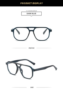 Detail view of dark blue aviator eyeglass frame with double bridge and metal rivets