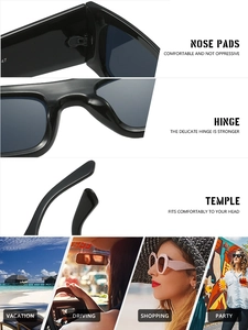Detailed views of reinforced metal hinges and ergonomic nose pads on square sunglasses