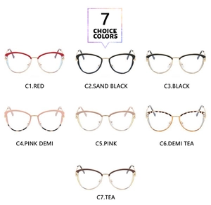 Detailed grid showing seven trendy color options of cat-eye anti-blue light glasses frames