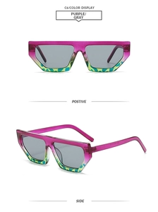 Front and side views of geometric purple frames with green leopard print accent sunglasses
