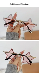 Détail de lunettes de soleil étoile rose sans monture avec cristaux et branches dorées