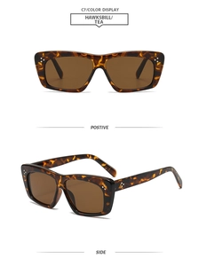 Detail of tortoiseshell cat-eye sunglasses with silver rivets and tea lenses
