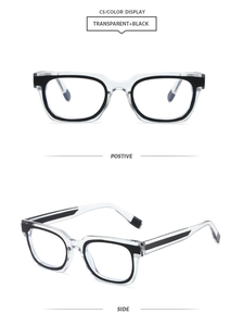 Vue détaillée de face et de profil de lunettes carrées bicolores noir et transparent