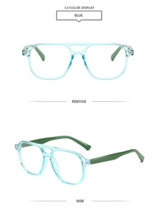 Detail view of blue transparent frame glasses with stylish olive green temples