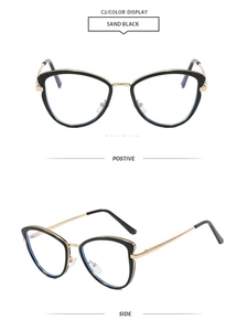 Detailed front and side view of cat eye glasses frames in sand black and gold metal