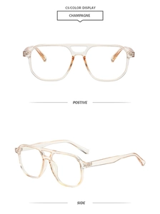 Front and side view of champagne double bridge pilot glasses frames with blue light filter