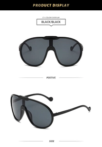 Front and side view of black oversized one-piece shield sunglasses with anti-slip tips