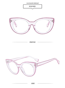 Vue détaillée des montures yeux de chat transparentes rose rouge avec angles variés