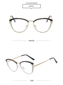 Cat-eye glasses frame in black and gold finish showing front and side profile views