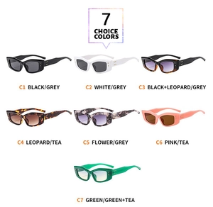 Matrix view of trendy retro rectangle sunglasses in 7 color options with metal rivets