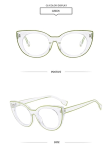 Vue de face et de côté des montures de lunettes œil de chat transparentes vertes