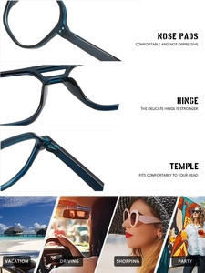 Detail of double bridge glasses hinges, nose pads and lifestyle wearing scenarios