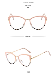 Pink and demi cat-eye glasses frame with gold metal temples shown in dual views