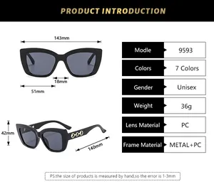 Detailed size chart for cat eye sunglasses with frame width and lens height dimensions