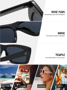 Detail view of black square sunglasses with metallic hinges and triple rivet temple design