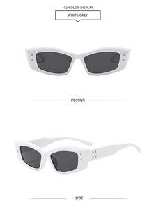 Front and side views of small white geometric sunglasses with gold studs and grey lenses