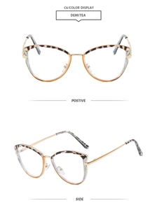 Detail view of cat eye glasses with demi tea texture and gold metal accents